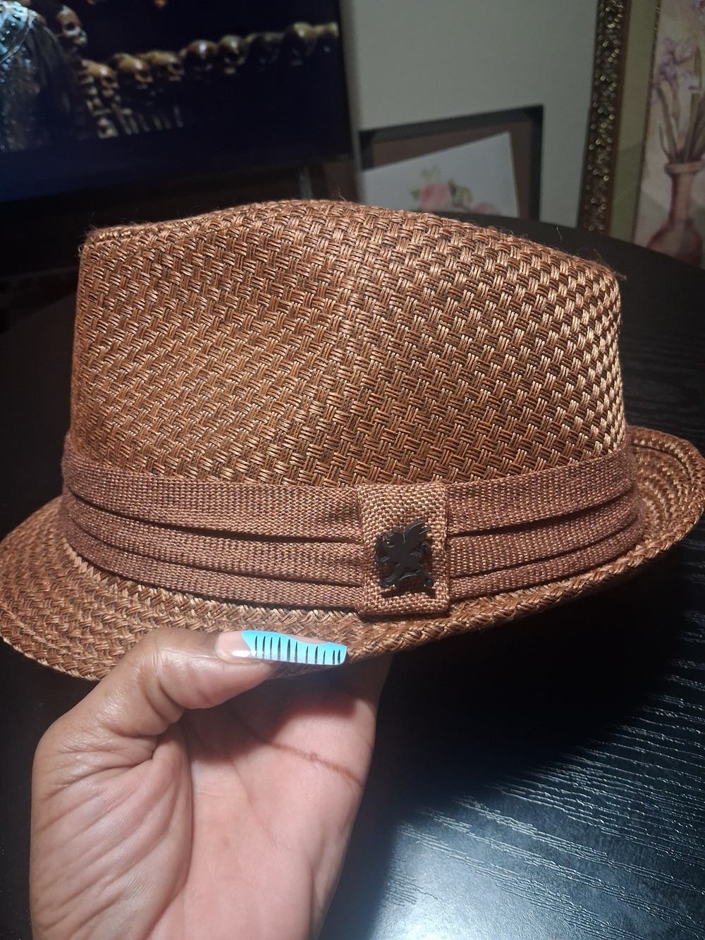 Stacy Adams Brown Woven Hat with Plaid Lining (Brown, Blue, Orange)